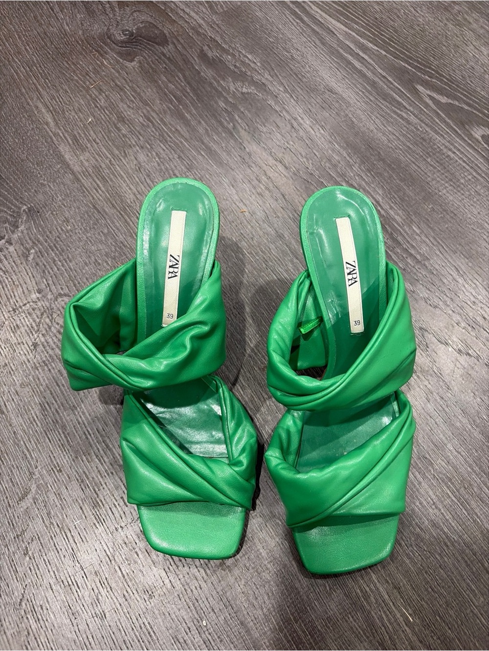 Zara Kelly Green Puffy Twisted Double Strap Heeled Mules Sz 39 US 8